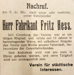 Nachruf Hess Verein für städtische Interessen 250