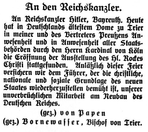 9 Telegramme Bornewasser an Hitler Hl. Rock 500