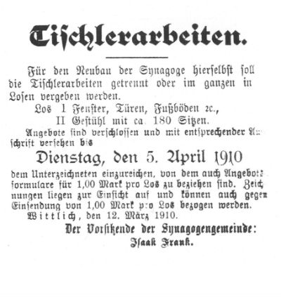 Ausschreibung Tischlerarbeiten Synagoge 400